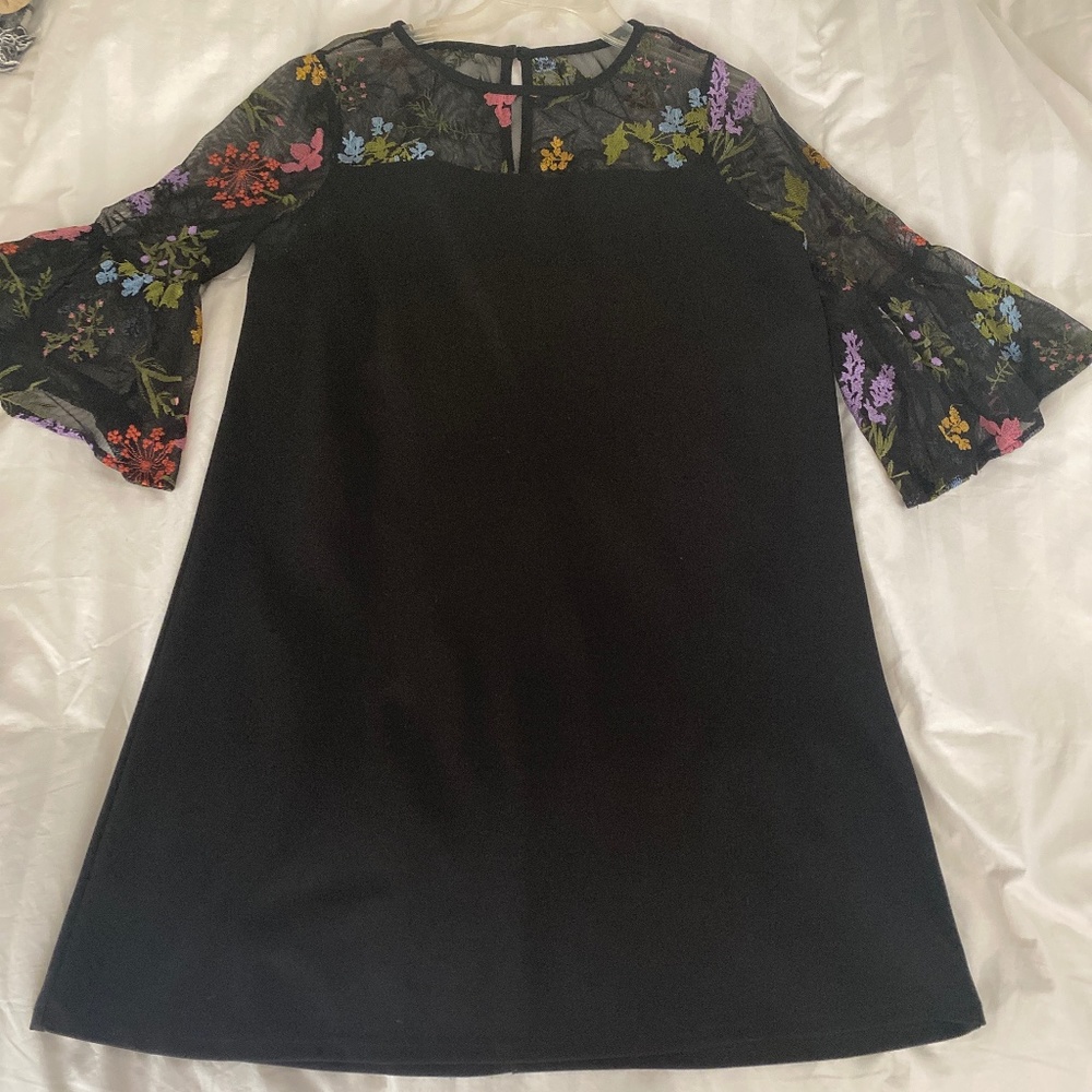 COPY - AGB Black dress Sz 10 with sheer ruffle sleeves floral stitching
